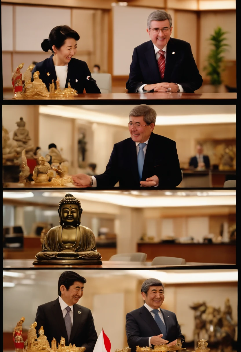 IOC President Thomas Bach and Shinzo Abe in the office of the Olympic Secretariat、(((Japan dolls, samurai helmet, Traditional Japanese sword and Buddha statue)))They are smiling and talking while displaying treasures such as、Big Olympic ring mark on the background、olympic poster、Sporting goods、