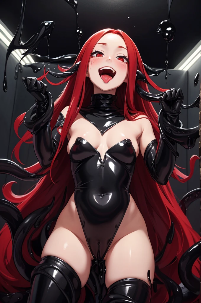 Long red hairs, Fully , lewd , opening mouth smiling and sticking out tongue, looking up, blushes cheeks, covered in black shiny tentacles, Black tentacles wrapped around arms and legs, Black tentacle going in Vagina, Blime dripping from ceiling, Black slime background.