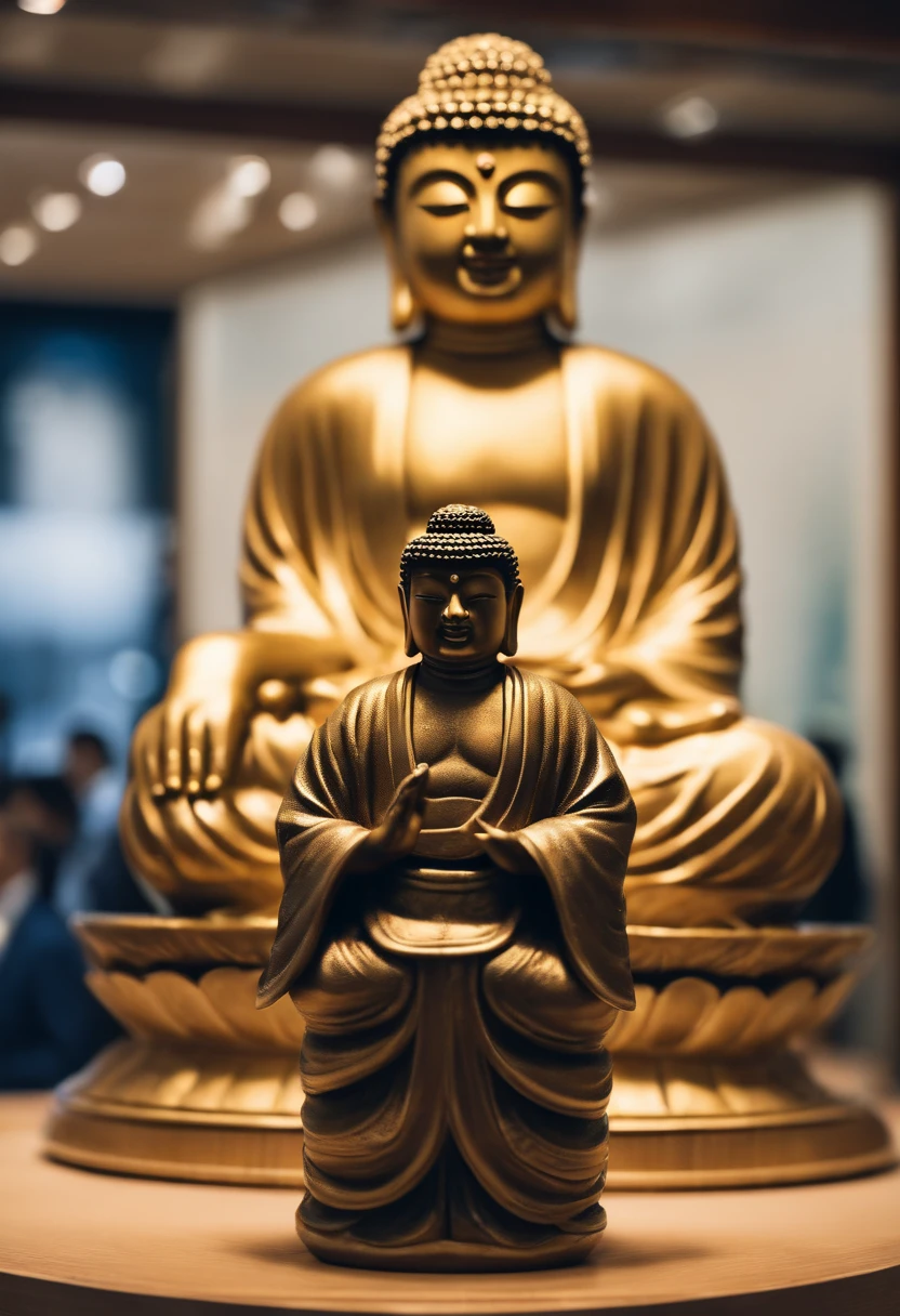 Two names、IOC President Thomas Bach and Shinzo Abe in the Olympic Secretariat、(((Japan dolls, Samurai Helmet, Traditional Japanese sword and Buddha statue)))They are smiling and talking while displaying treasures such as。、Big Olympic ring mark on the background、olympic poster、Sporting goods、