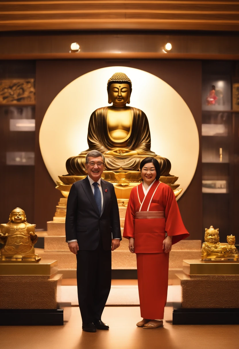 Two names、IOC President Thomas Bach and Shinzo Abe in the Olympic Secretariat、(((Japan dolls, Samurai Helmet, Traditional Japanese sword and Buddha statue)))They are smiling and talking while displaying treasures such as。、Big Olympic ring mark on the background、olympic poster、Sporting goods、