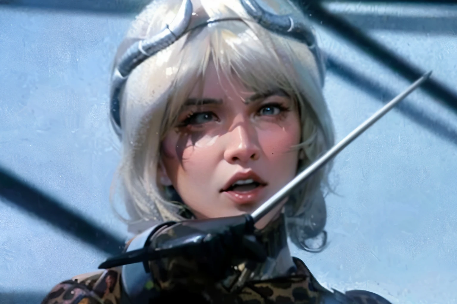 blonde blonde woman with a knife in her hand and a leopard print shirt, Filme ainda de ciborgue asteca, Leiji Matsumoto, filme ainda de um ciborgue legal, movie still of a villain cyborg, movie still of the alien girl, japanese cyborg, as a retrofuturistic heroine, set in 1982 tokyo, filme ainda de um ciborgue
