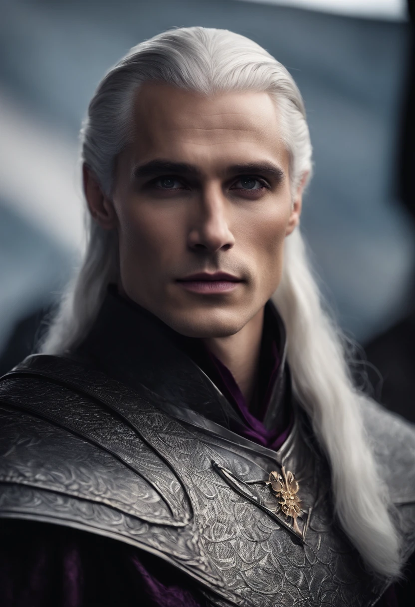 Round box-like strong jawline, strong cheekbones, medium-full lips, thin but strongly defined nose, very good hairline, shoulder-length Silver-white hair, Bright Violet purple eyes, and very tall, handsome, targaryen, silver hair and purple eyes