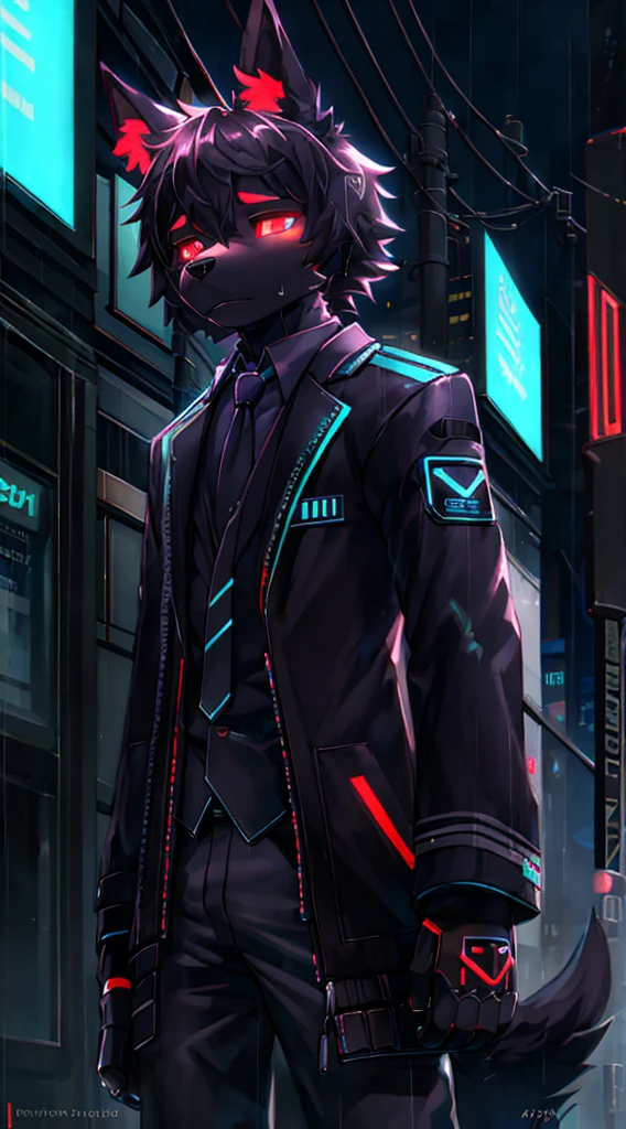 anthro, anthro (male Black Dog:1.4), (protogen:1.1), Mechanical parts, A stern look, frown, Very detailed portrait solo-1, Standing in the streets, during a downpour, neon and cyberpunk background, She is dressed in coat-clothes, tie, detailed glowing red eyes with distinct pupils, the sinister aura of Halo,, ciberpunk, back light, chromatic aberration, Depth of field, soft-lighting, tmasterpiece, beste-Qualit, an intricate, tone mapped, Detailed, Artstation, ConceptArt, fluent, sharp-focus, dramatic  lighting, Highly detailed works of art, Filmic, hyper-realistic painting, Trending on ArtStation, 8K, Incredible shadows, Realistic, (high detailed background:1.0)