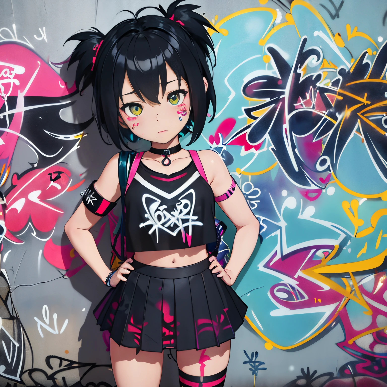 masterpiece, best quality, peni parker  loli 1girl, child  solo, crop top,  pantie , choker, (graffiti:1.5), paint splatter, arms behind back, against wall, looking at viewer, armband, thigh strap, paint on body, head tilt, bored,  aqua eyes, headset, infant body.