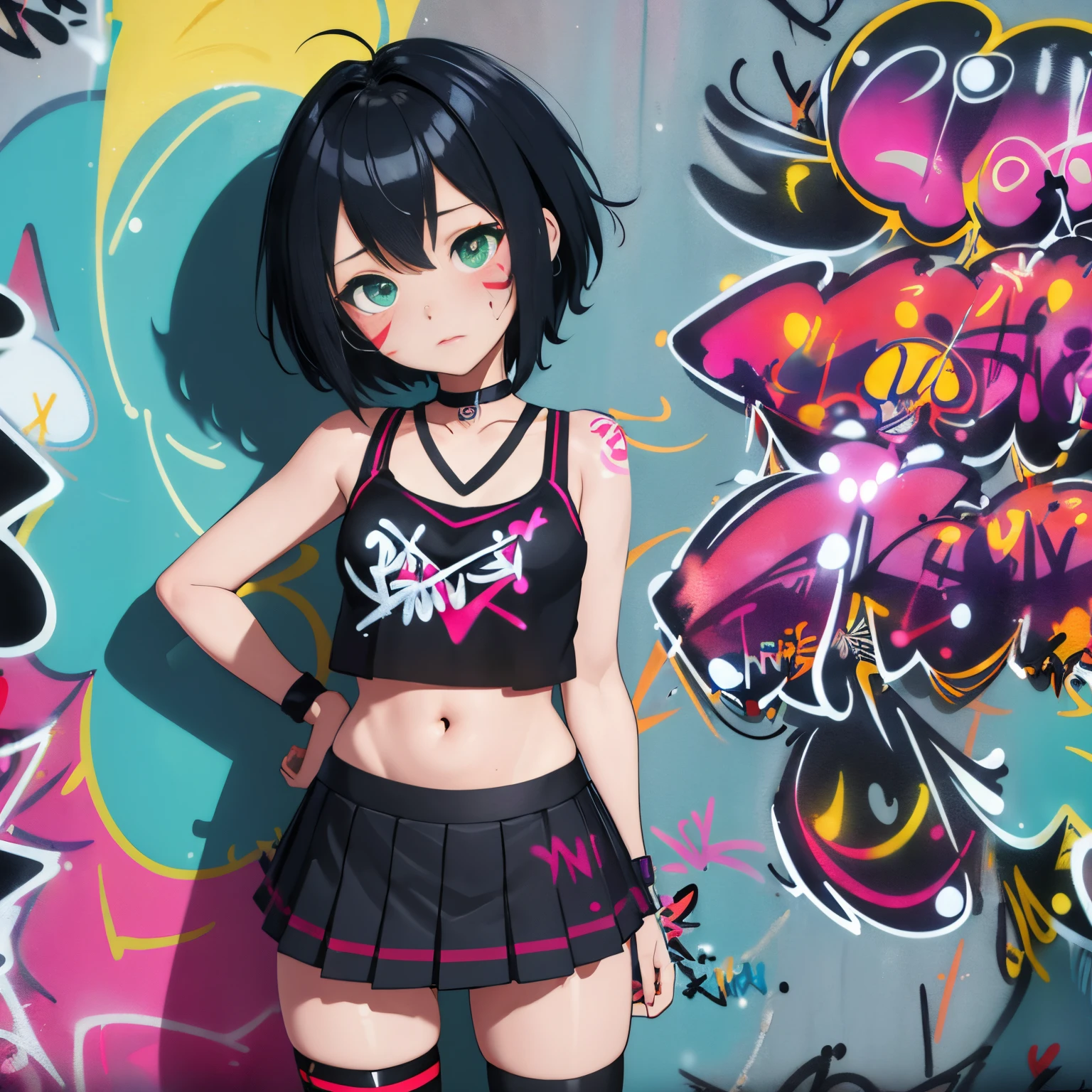 masterpiece, best quality, peni parker loli 1girl solo, crop top, pantie , choker, (graffiti:1.5), paint splatter, arms behind back, against wall, looking at viewer, armband, thigh strap, paint on body, head tilt, bored, aqua eyes, headset, infant