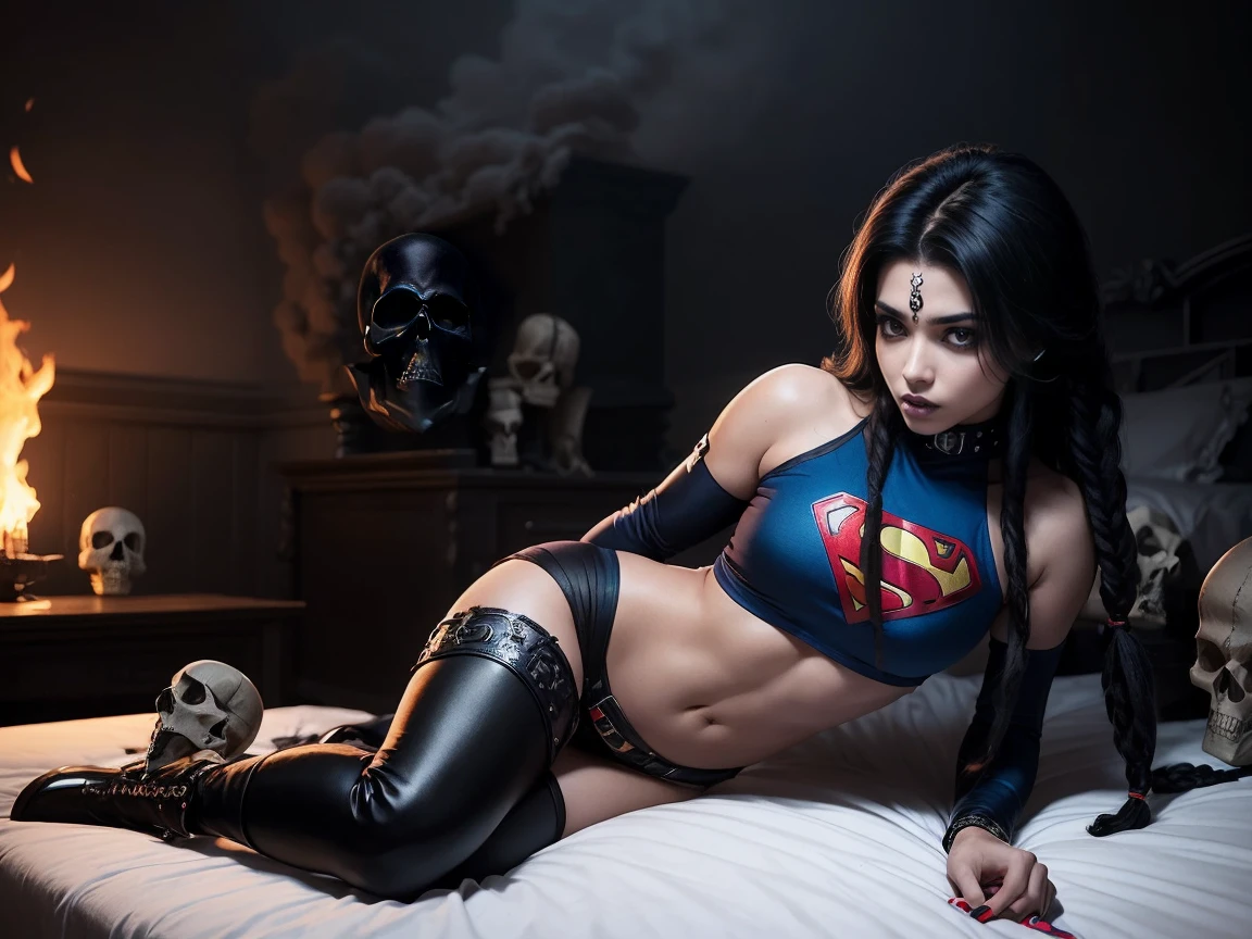 young sexy Indian female superman with dreadlocks, with supernatural pitch-black eyes, wearing punk ornate death skull themed armor, wearing death themed mini skirt, with superman symbol, wearing death themed boots, surrounded by billows of black smoke, black and death and skull themed, sexy pose, lying sexily on a bed of darkness