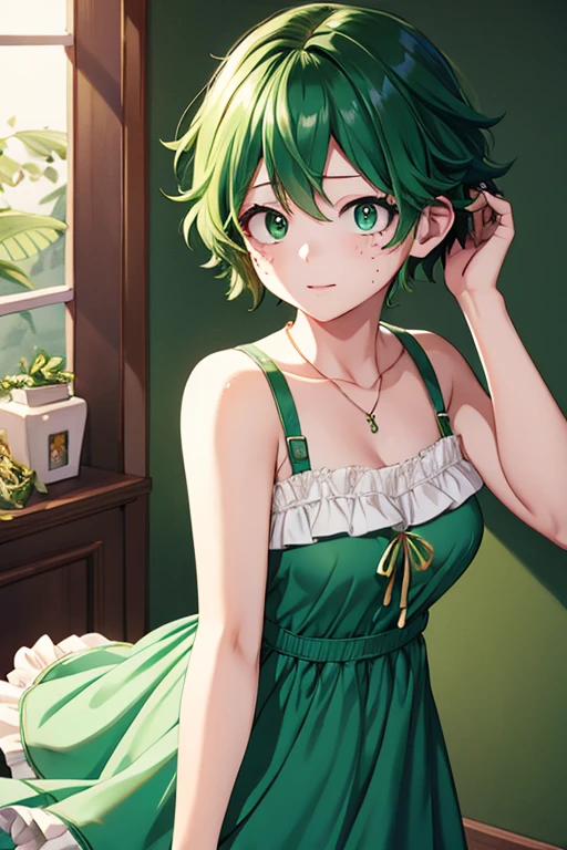 A feminine Izuku Midoriya with green hair and green eyes in a pretty sundress
