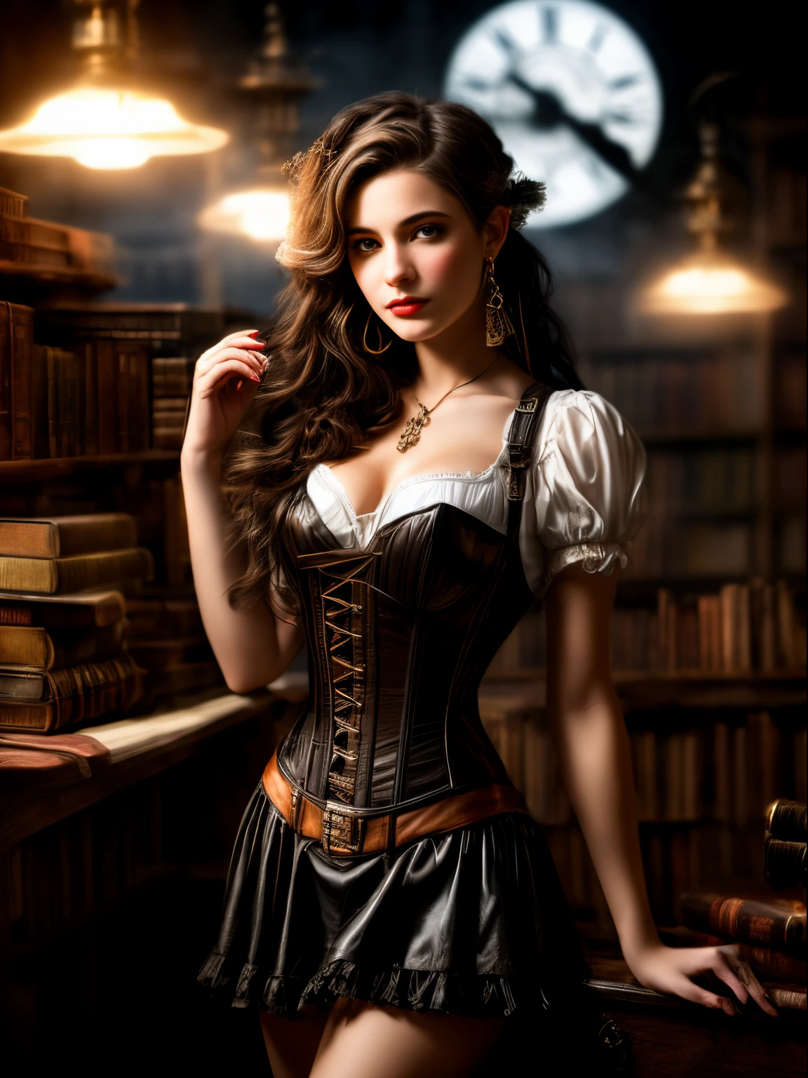 Full-length portrait of a young woman, brown hair, very beautiful European face, Woman in skirt, white blouse and corset, Hold your watch in your hands, I&#39;m standing in the workshop, library, steampunk style, ((steampunk fantasy)), ((steampunk fantasy 1.5)), (late 19th century era), steampunk art, Artstation, Author: WLOP, Visual Novel, Cinematic, 8K, refreshing, rim lighting, natural lighting, soft-lighting