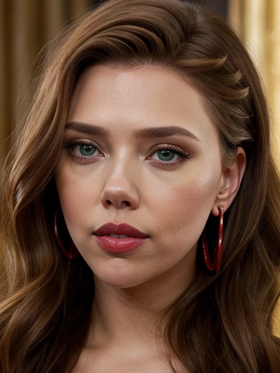 ultra realistic portrait ,dark green eyes, light brown thick wavy hair, hair at chest level, eye shape almond, curled eyelashes, symmetrical lipshape, cheekbone centered on the malar bone, wheat skin ,arafed up close shot of a woman with red lipstick and earrings, portrait of scarlett johansson, scarlett hooft, young scarlett johansson, scarlet johansen, elizabeth olsen, both have red lips, scarlett johansson black widow