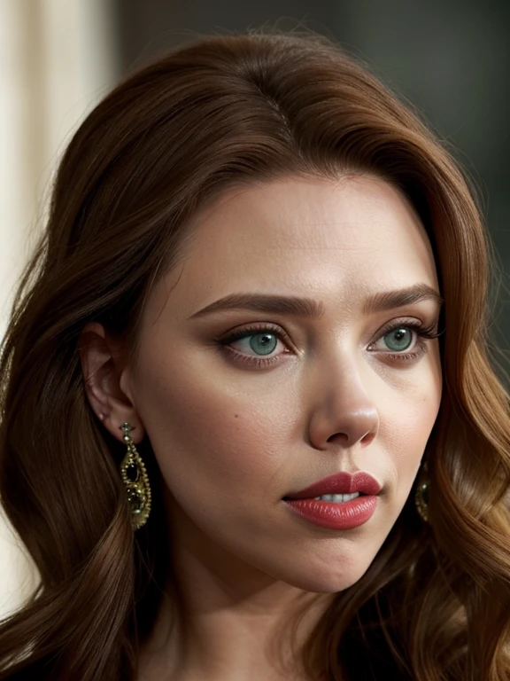 ultra realistic portrait ,dark green eyes, light brown thick wavy hair, hair at chest level, eye shape almond, curled eyelashes, symmetrical lipshape, cheekbone centered on the malar bone, wheat skin ,arafed up close shot of a woman with red lipstick and earrings, portrait of scarlett johansson, scarlett hooft, young scarlett johansson, scarlet johansen, elizabeth olsen, both have red lips, scarlett johansson black widow