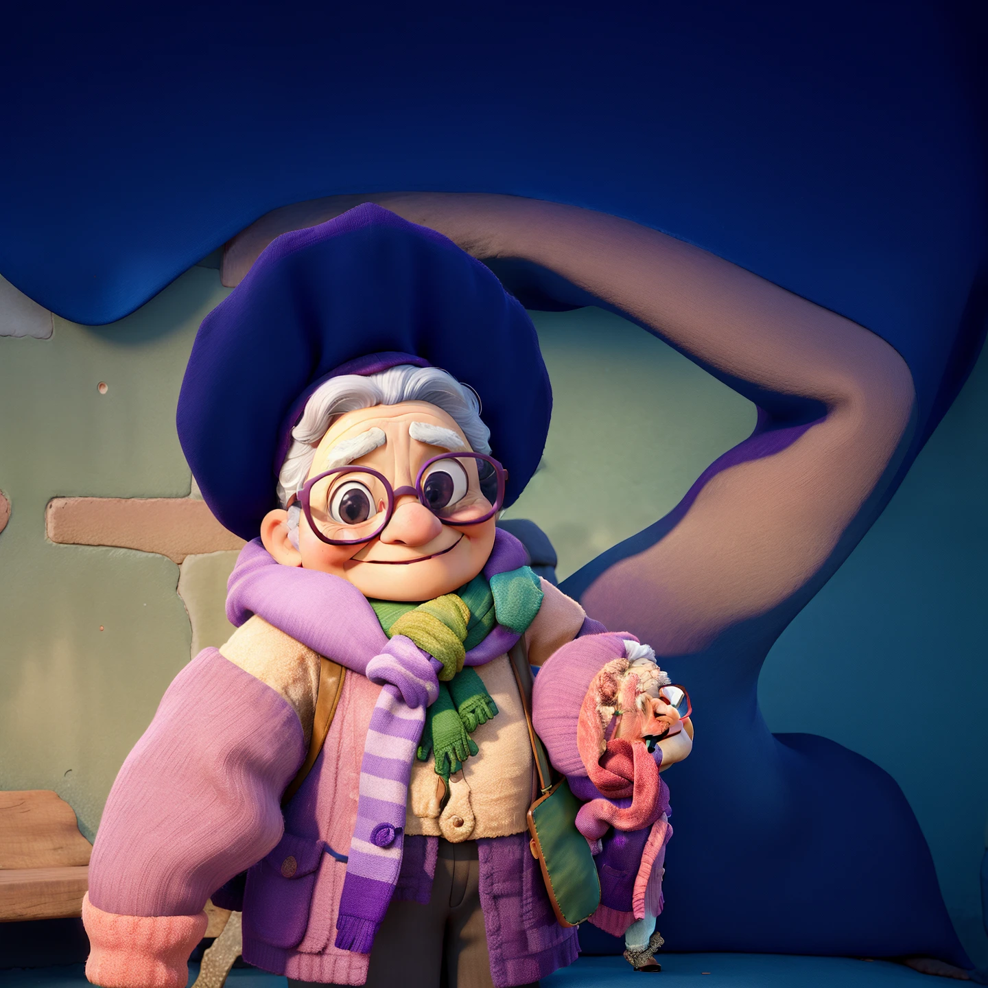 masterpiece, best quality, an old woman with glasses and a scarf on, wearing a purple coat and green scarf, standing at the park