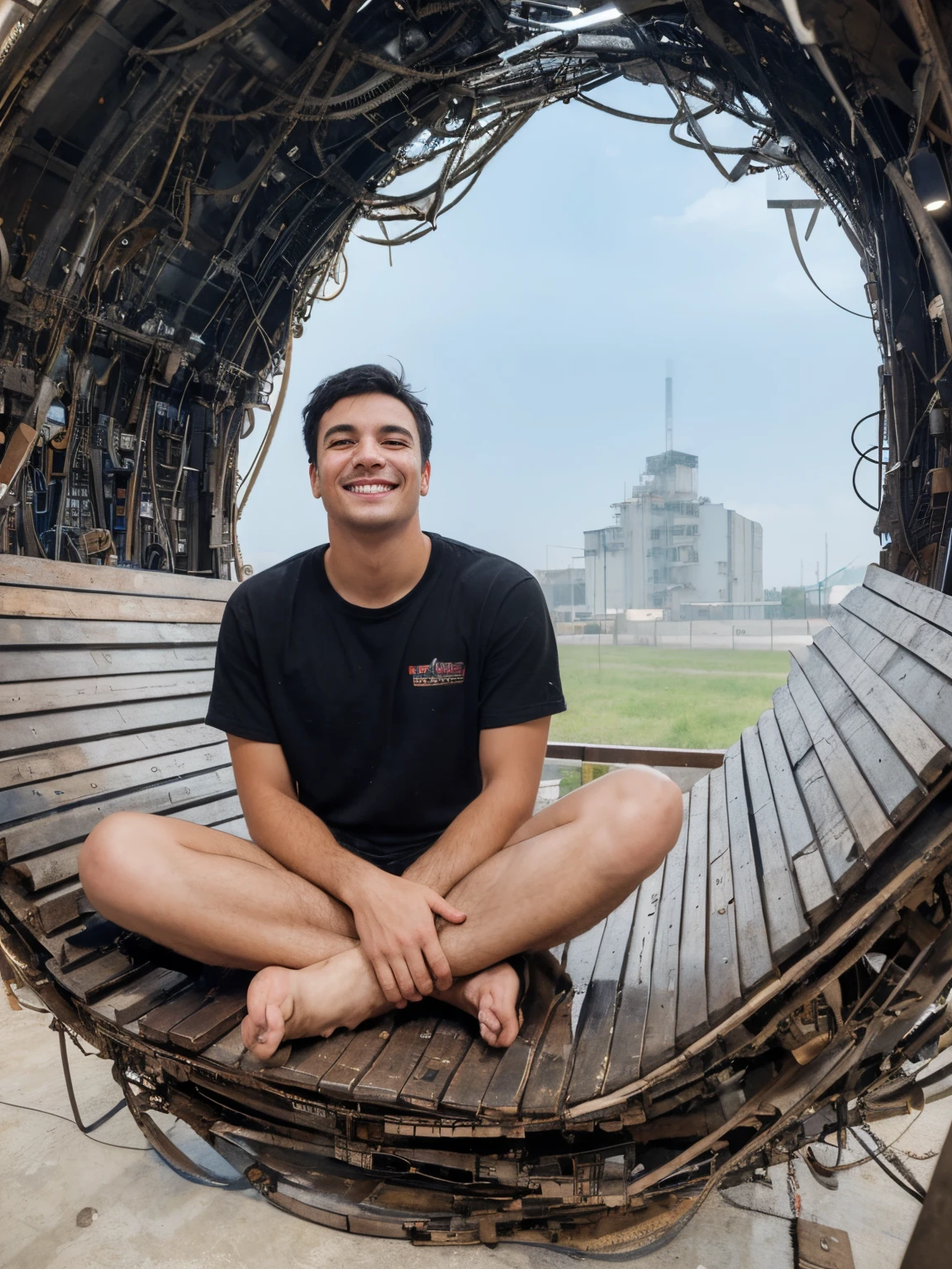 Absurd resolution, High Resolution, (Masterpiece: 1.4), hyper-detailing, Disheveled short black hair of a young man, Welder dressed, Grinning Gaze, Factory high-tech workbench, Technological Sense Screen