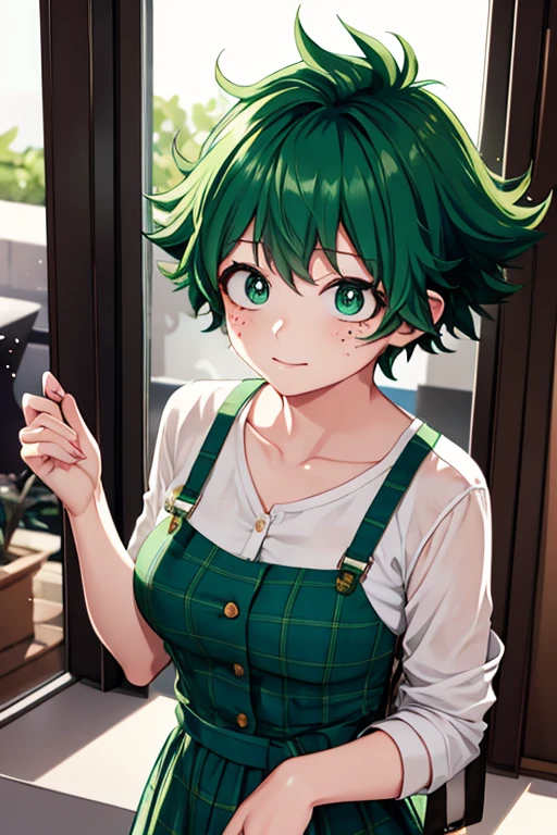 A feminine Izuku Midoriya with green hair and green eyes dressed cutely for a date