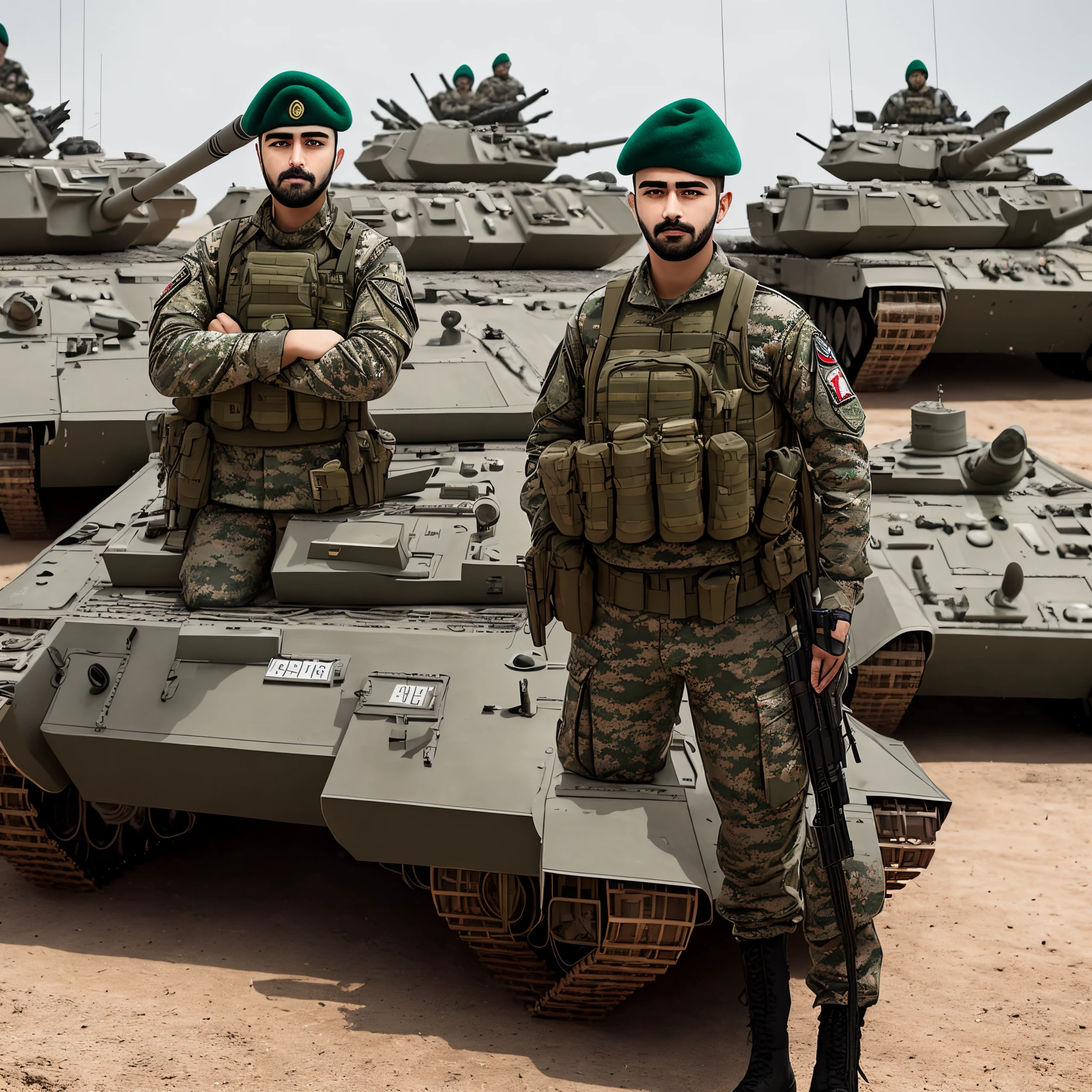 Realistic beared turkish soldier standing near to main battle tank