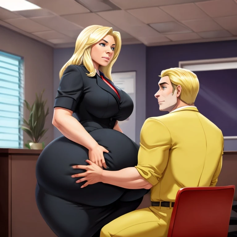 In an office environment. A woman with blonde hair, wide hips, and a big thick ass is wearing a tight black dress. The Woman is standing at a desk. There are two men in the scene (mam1) and (man2). Man1 is standing beside her groping and grabbing her big ass. The man is looking at man2 smiling. Man2 is sitting in a chair staring at the woman's big ass looking very hurt and upset.
