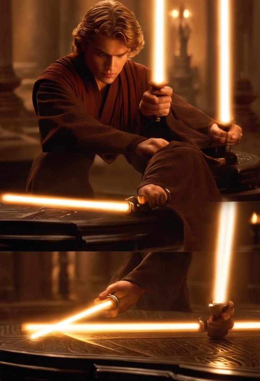 Anakin is working on fine-tuning his lightsaber, meticulously adjusting the focusing crystal with intense focus and determination.,Star Wars: Episode II - Attack of the Clones,Anakin Skywalker, male