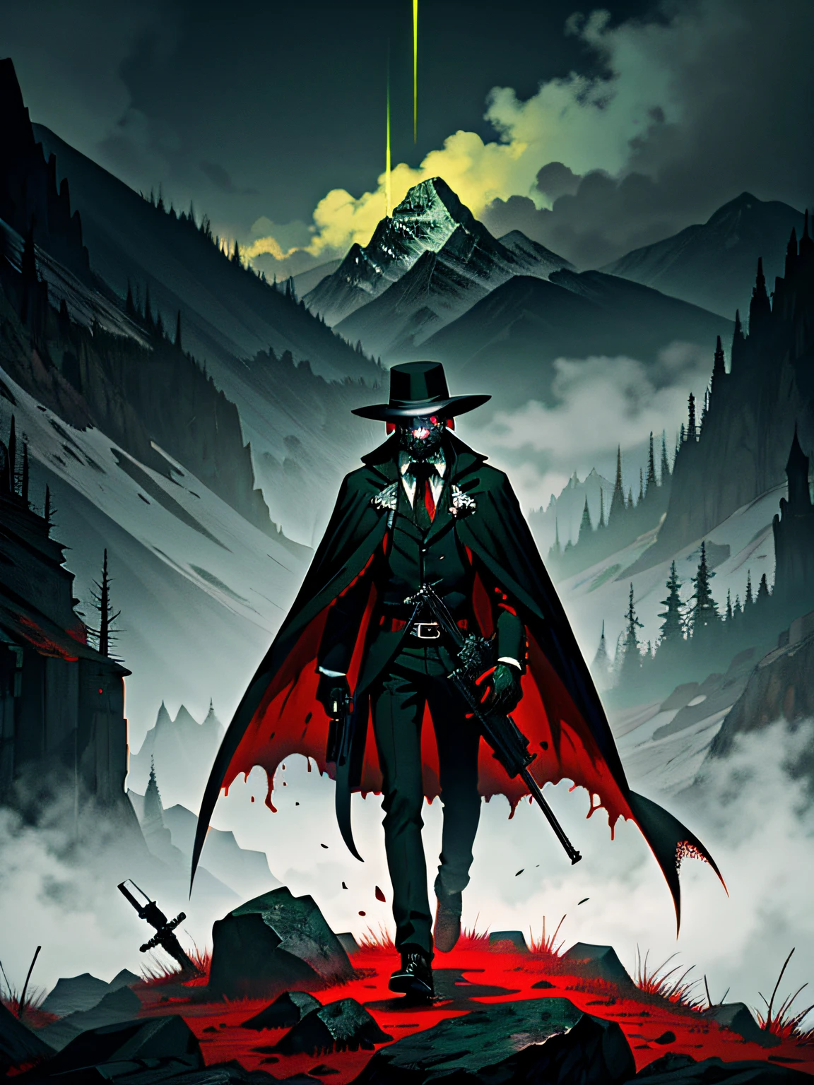 Dark art, horror art, (The Pig Man), pale green cloak, ((holding a revolver)), Mountain in the background, art in red and black colors and their combinations, Masterpiece