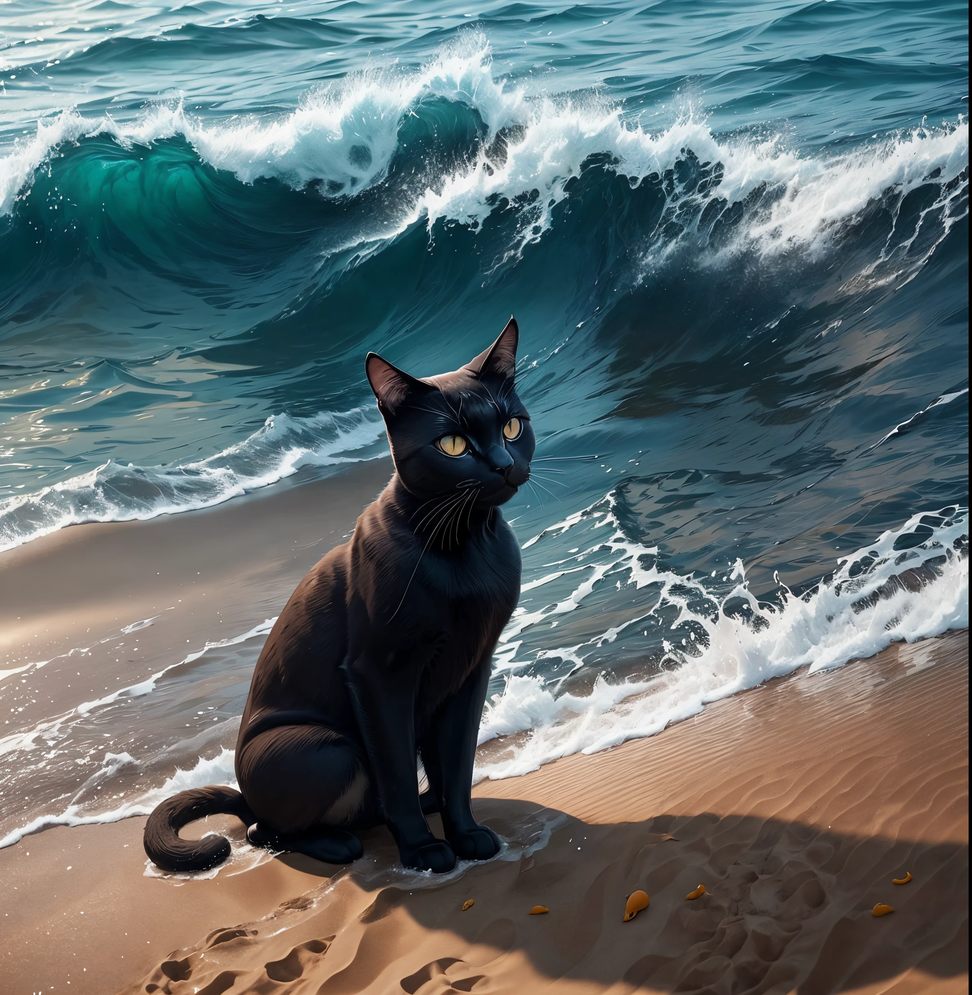 black cat, sitting on the sand,near the sea, dolphins jump out of the sea water, the sun is shining --auto --s2