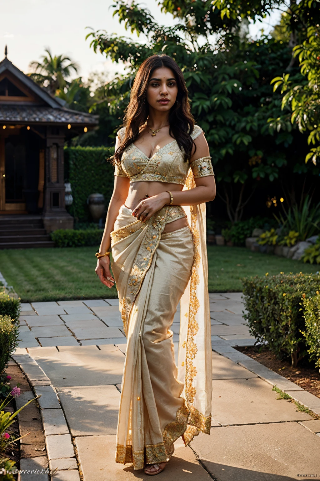 Full body portrait of A confident-looking indian woman, in saree, full body pic ,princess with long flowing hair, hazel eyes, designer jewellery, visible big breast, standing in garden, bokeh, sunset time, perfect composition, hyperrealistic, super detailed, 8k, photorealistic, high quality, trending art, trending on artstation, sharp focus, photo shoot, intricate details, highly detailed, art by greg rutkowski