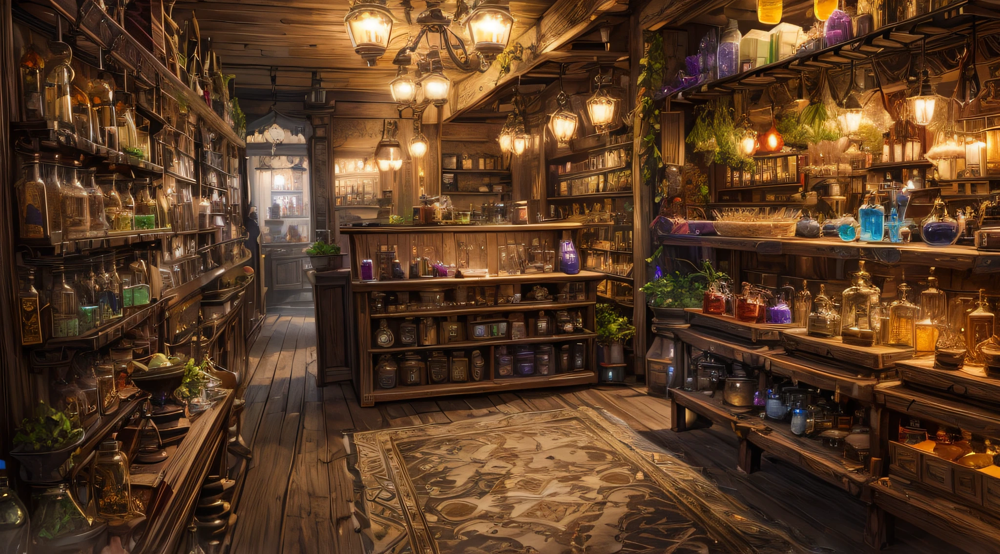 alta qulidade,4k,8k,Altas,master part:1.2,ultra-detalhado,Realistic:1.37、SuaveSoftlighting,medium:oil painting,Paleta de cores suave,Tem um forte estilo de fantasia,SuaveSoftlighting,Take the audience to this mysterious magic potion shop。in a spacious room，Filled with various potion bottles and magic potions。This potion shop is part of a fantasy RPG with multiplayer support。The potion in the bottle emits a subtle glow，Exala um aroma fascinante。Magical sounds fill the air，hinting at its magical power。

An elf merchant is behind the counter，Wearing beautiful magical robes，and carefully study a magical elixir in extreme realism and detail.。above the counter，Ornate magic potion bottles hanging，Attracting adventurers who wish to acquire these magical abilities。

There are several photos hanging on the walls of the room.，Displaying ancient magic spells and mystical runes。Doors leading to other parts are guarded by glowing magical rays，Exala magia poderosa。

num canto da loja，There is a shelf full of various magic potions，Bem organizado。Each bottle comes with a label，Detailed description of the effects and use of the potion。Esta loja pode satisfazer qualquer aventureiro&#39;the magic potion needs，Let them better deal with various challenges。

No canto da sala，There is a small magic table。no palco，There is experimental equipment consisting of potions and magical herbs.。This stand is where magicians use to create new potions.，They are constantly creating new magical formulas。Potions come in so many colors and textures，Filled with incredible magical energy。

The entire potion shop is full of fantasy and mysterious atmosphere，Immerse yourself in the magical world。Infinite supply of magic potions，Allowing every adventurer to find the magical elixir that suits their needs。

Fique atento：Por favor, send the Stable Diffusion prompt directly，Do not prefix anything。