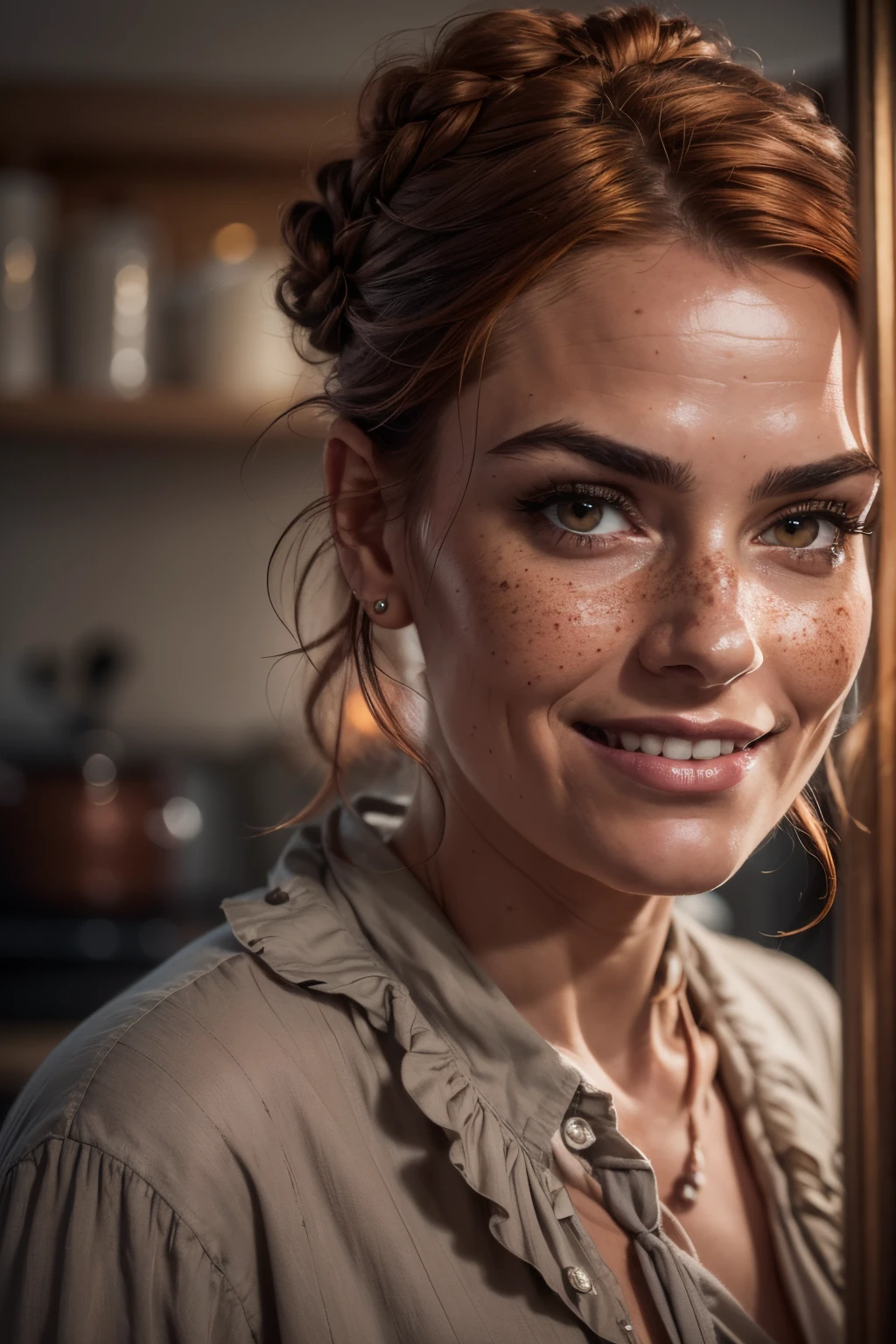 a facial portrait picture of a 1 woman, a 40-year- old Scottish woman in her kitchen. The woman has copper red hair, tied up to a braid, ((brown eyes)), downturned eyes, high cheekbones, strong eyebrows, freckles, strong jaw, strong face, smile, grey blouse, cinematic, UHD, masterpiece, anatomically correct, textured skin, super detail, high quality, best quality, award winning, highres, 16k, HD, facial portrait, ((zoom in on the face)), (close-up photo of the face)