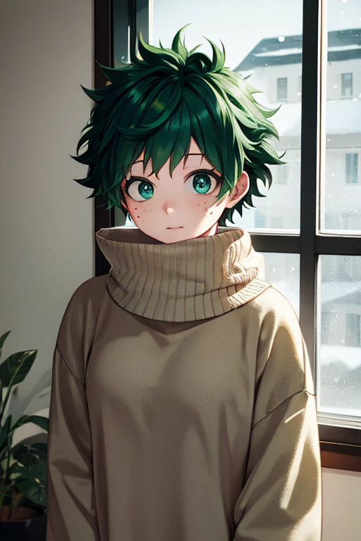 A feminine Izuku Midoriya with green hair and green eyes wearing an oversized sweater looking out a snowy window