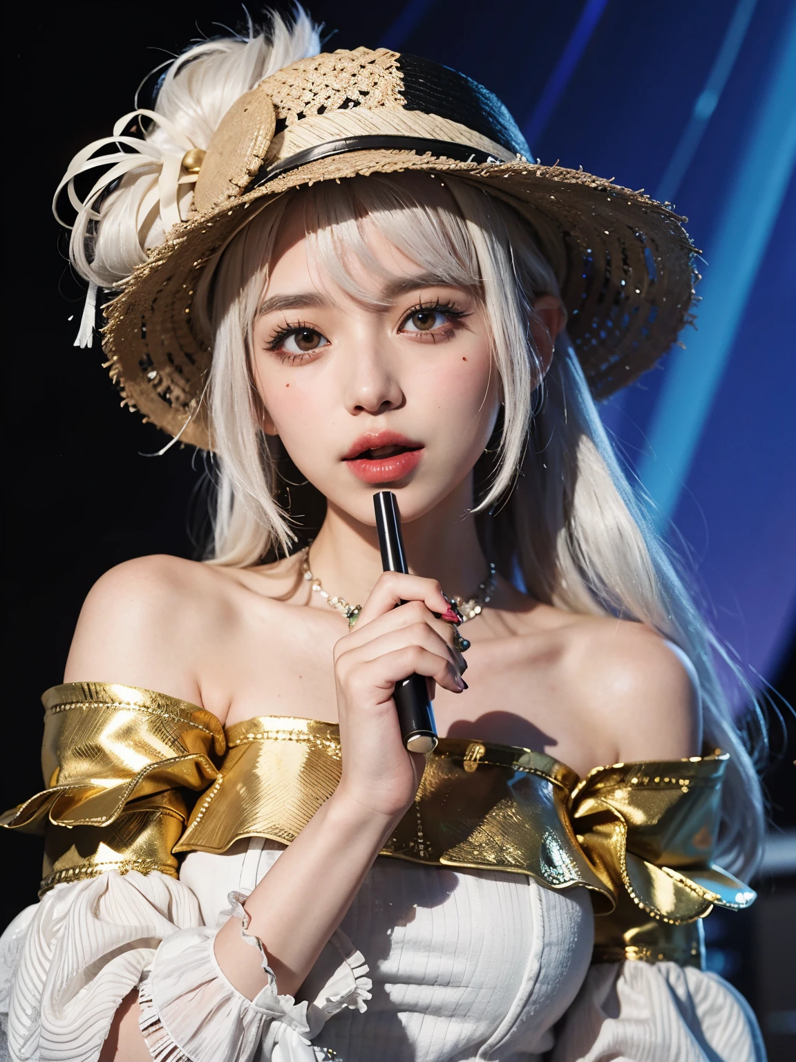 a close up of a woman with a hat on a stage, white hime cut hairstyle, portrait of kim petras, long white hair and bangs, belle delphine, ulzzang, lalisa manobal, with straw hat, fairycore, shikamimi, sakimichan, cruel korean goth girl, wearing a chocker and cute hat