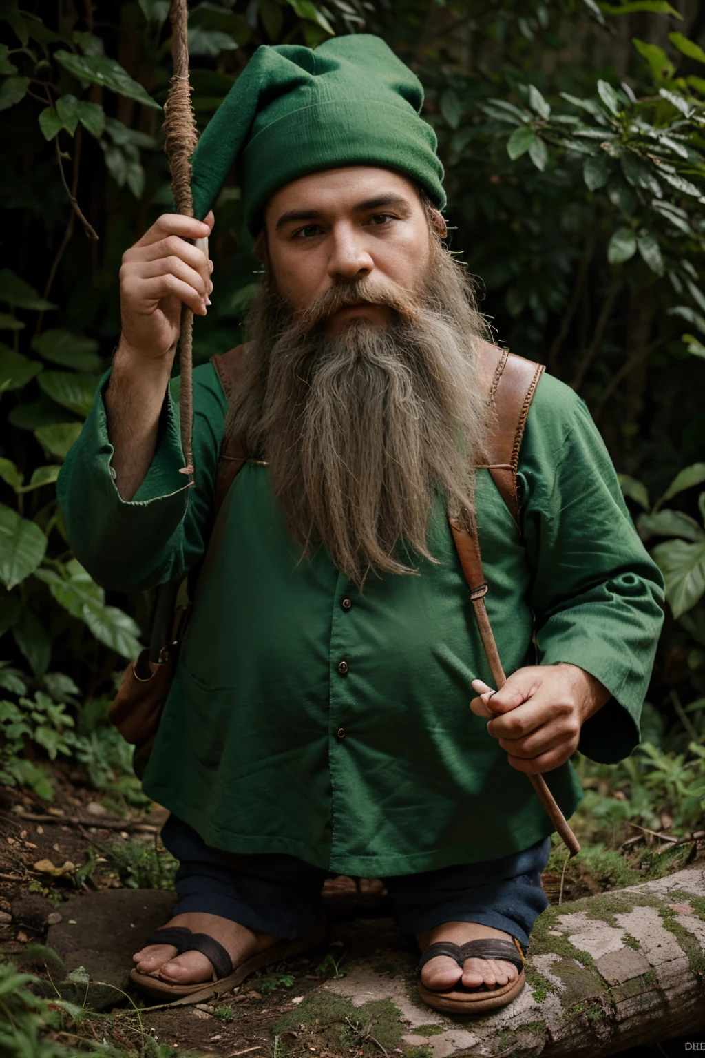 gnomo muito pequeno e barbudo, roupa roxa e verde e com capuz, magic effects around him and magical environment