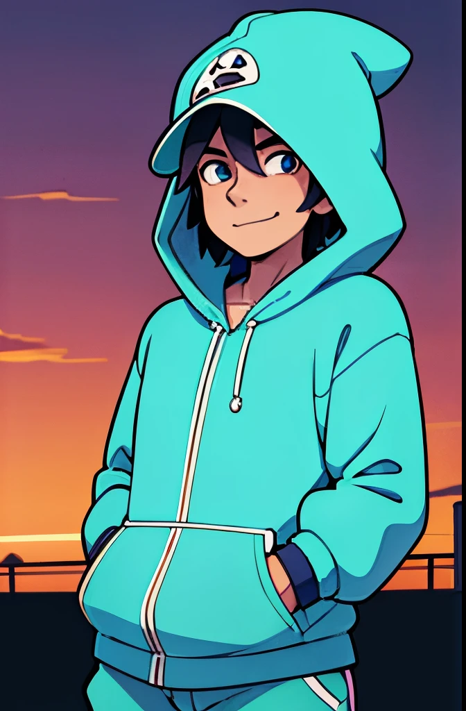 Portrait of a young man, wearing a hat, a cyan hoodie and track pant, smile with depression, depressed, in a sunset background, dark moody, anime, Studio Ghibli style, aesthetic, full shot