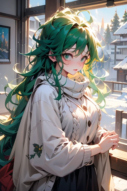 A feminine Izuku Midoriya with green hair and green eyes wearing an oversized sweater looking out a snowy window