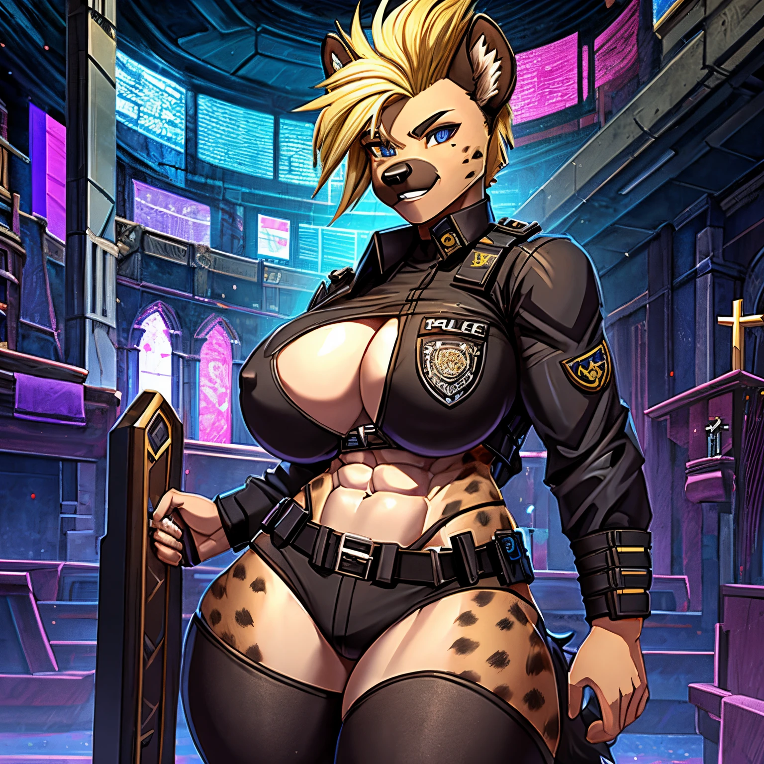 cyberpunk, high quality, 1girl, furry hyena, mohawk haircut, blond hair, police uniform, big breast, muscular, abs, thick thighs, hyena dots, hyena face, breed tattoo, in church , front view