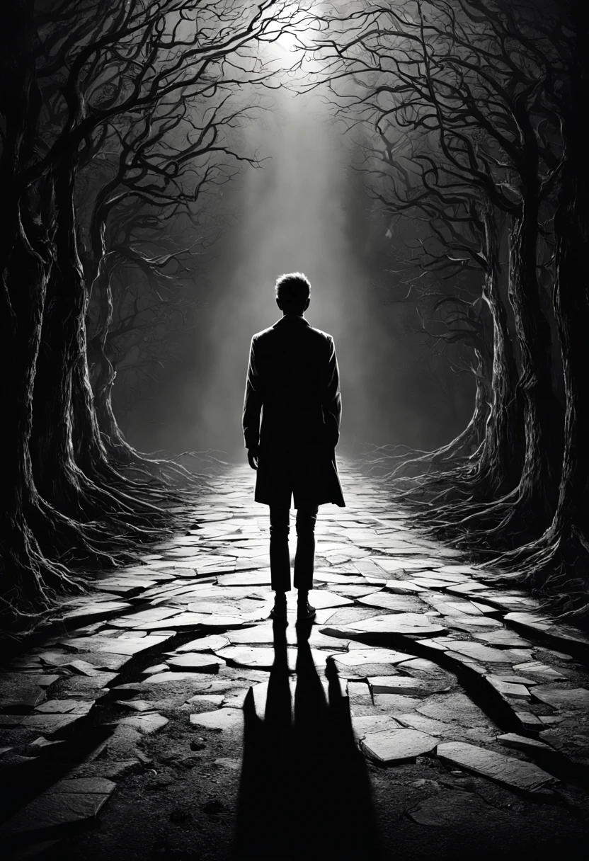 Depict a character standing at a crossroads, torn between societal expectations and their own path. Show the character confidently choosing the path less traveled, symbolizing the pursuit of one's unique destiny. Use contrasting elements, like light and shadow, to convey the dichotomy.