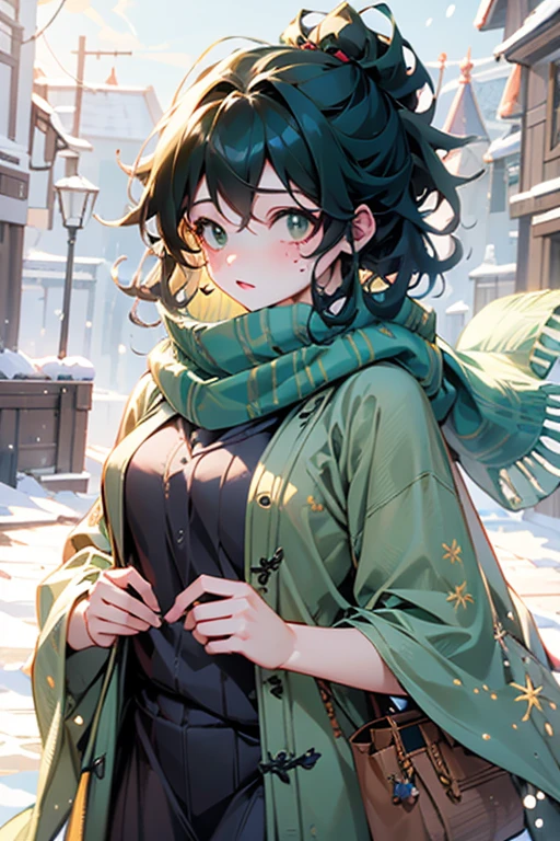 A feminine Izuku Midoriya with short curly green hair and green eyes wearing a thick scarf and big green sweater out in the snow