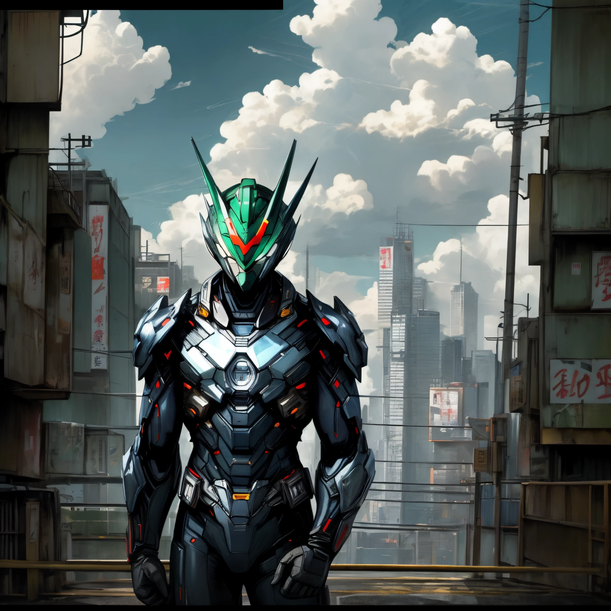 Green ULTRAMAN of 70's era with leather suit costume. With background of Japanese building and cyberpunk city above the sky. Full of cloud. A dark night full of light