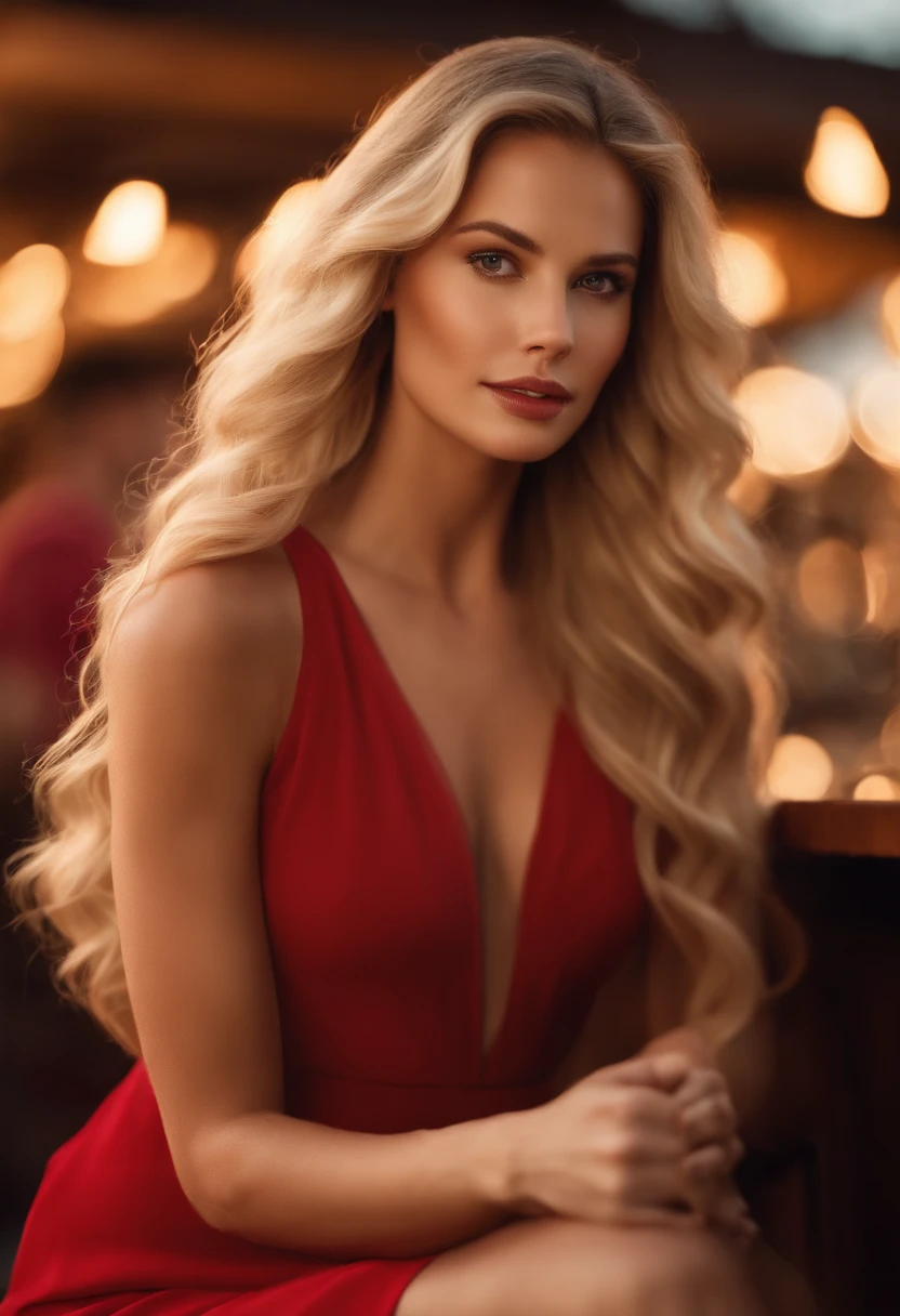 gorgeous woman with extra long wavy blonde hair, detailed alluring eyes, long sexy legs, large bust, wearing short red dress, dress, sitting on stool in bar, ((detailed facial features)), (finely detailed skin), pale skin, realistic skin texture, extreme skin details, not showing hands (pores:0.1), in the background beautiful beach, best quality masterpiece, photorealistic, hyper realistic, detailed, 8k, HDR, (Soft color: 1.2), shallow depth of field, broad light, high contrast, backlighting, bloom, light sparkles, chromatic aberration, sharp focus, RAW color photo