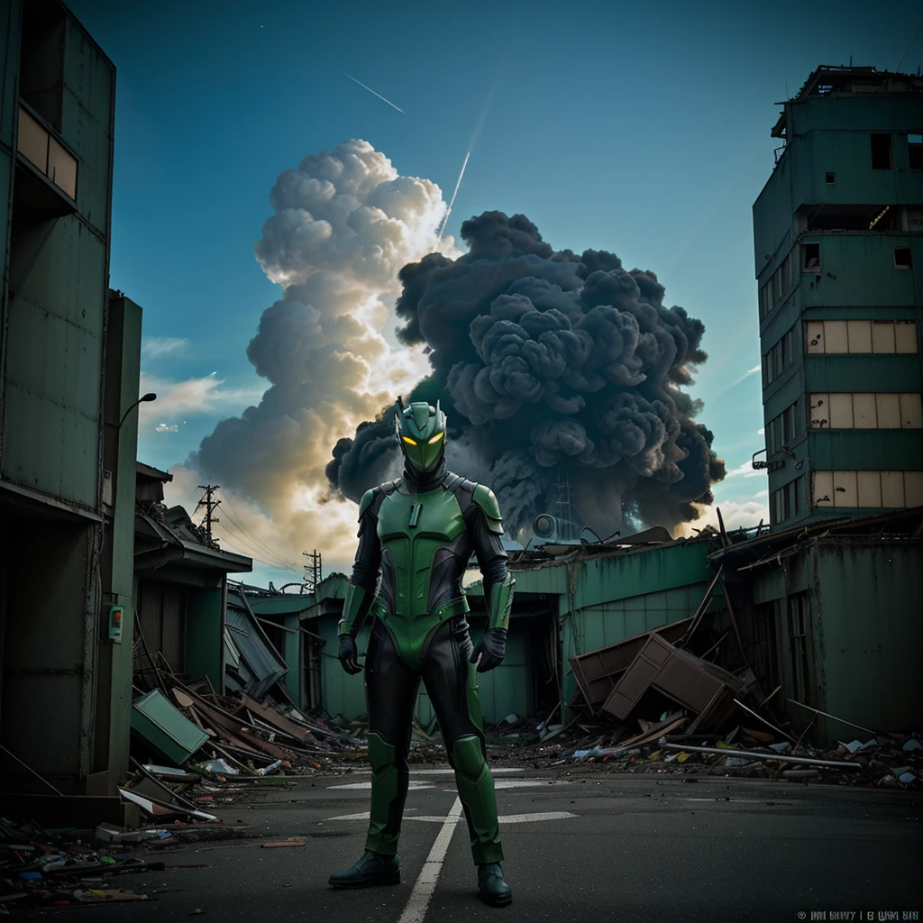 Green ULTRAMAN of 70's era with leather suit costume. With background of Japanese ruined building and cyberpunk city above the sky. Full of cloud. A dark night full of light