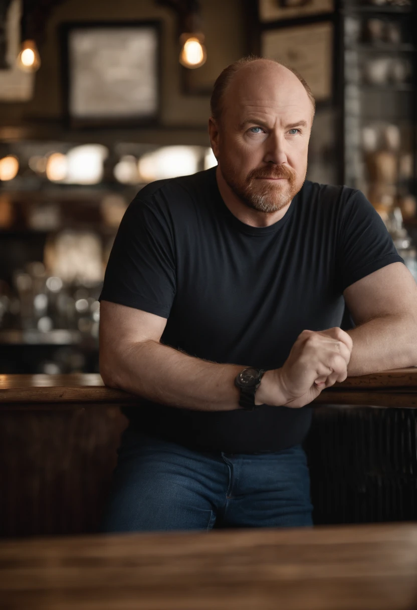 A photo of him exploring a hidden gem of a coffee shop, sipping on a unique blend of artisanal coffee.,stand-up comedy and television,Louis CK, a prominent figure in stand-up comedy and television, is known for his everyman appearance, often sporting a casual, unassuming look with plain black or navy t-shirts paired with jeans. He has a balding head, a fair complexion, and typically presents a somewhat disheveled, unpolished appearance, embodying the persona of an average middle-aged man. , male