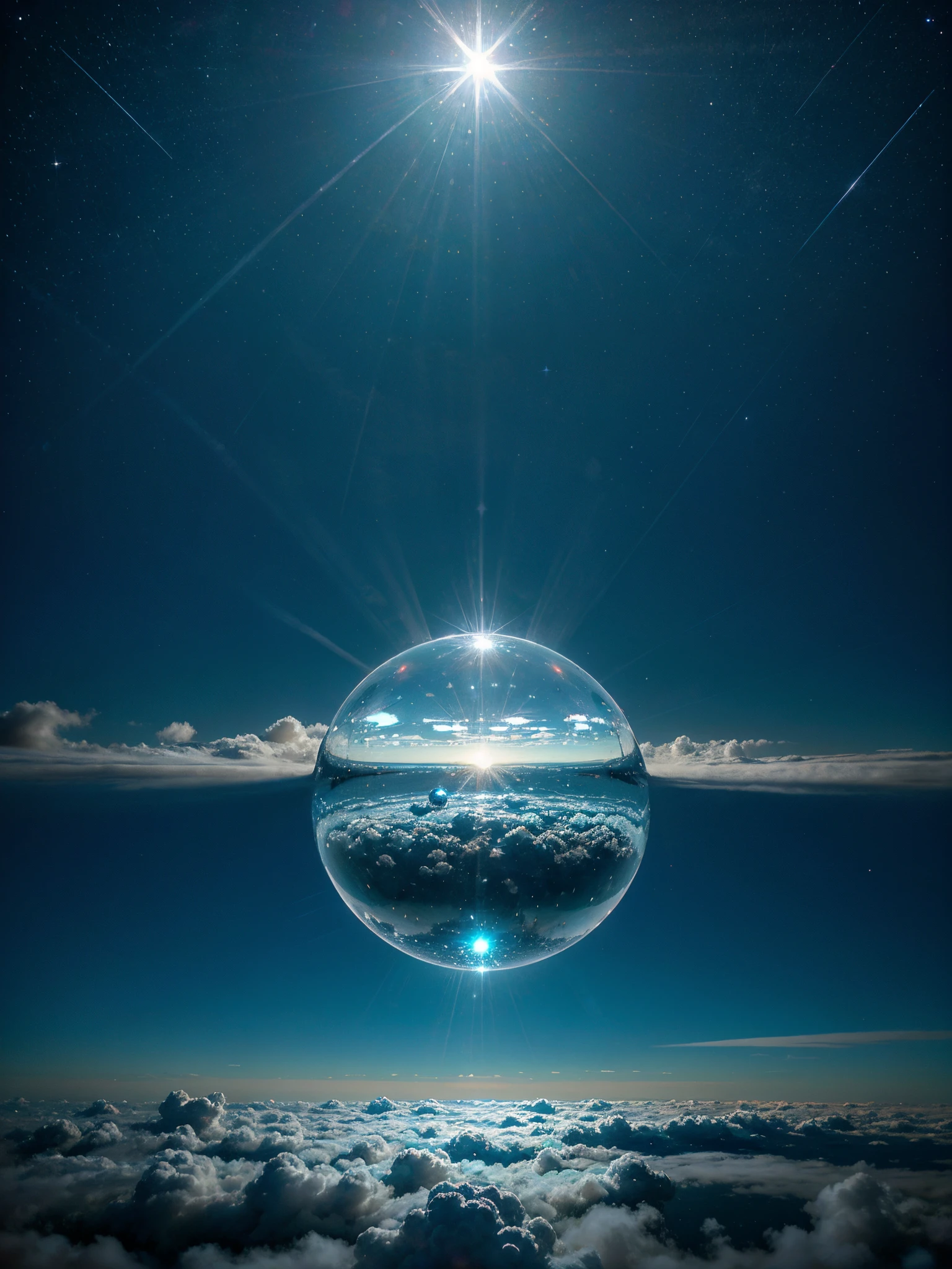 two separate giant blue chrome balls  floating in the sky above the clouds reflecting the starlight, glowing aqua