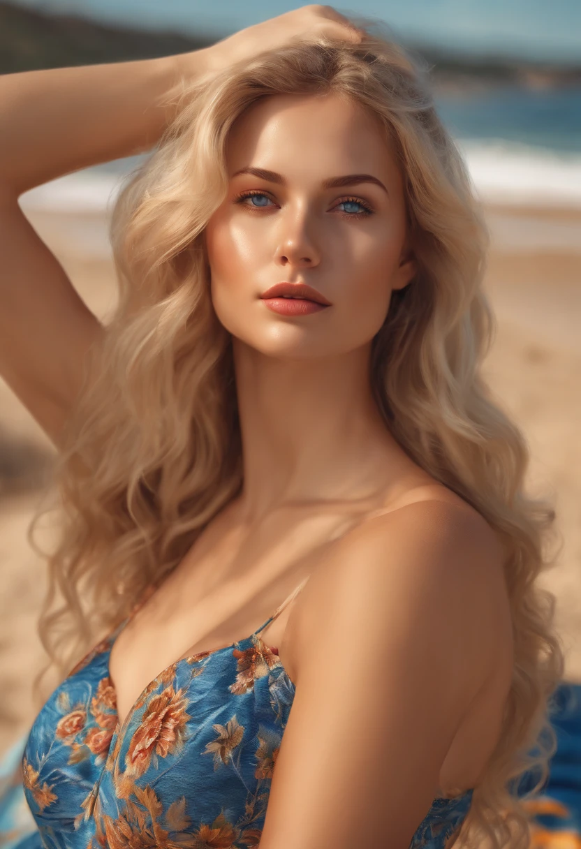 woman fully , sexy girl with blue eyes, ultra realistic, meticulously detailed, blonde hair, selfie of a young woman, bedroom , natural makeup, sexy bathingsuit   face with artgram, stunning full body .on the beach  large size bust;