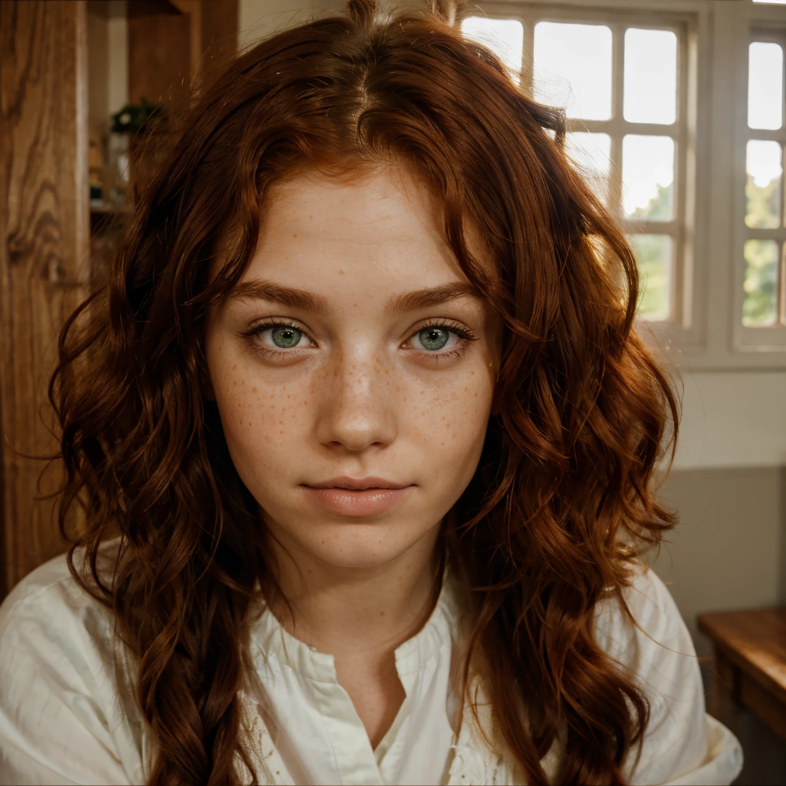 A red-haired girl, 15 years, pale white skin, green eyes, very long curly hair, round face, small upturned nose, Small ears, athletic body, Wide hips, with pajamas, in a bedroom, with children&#39;s decorations, taking a selfie, sad smile, upset, hyperrealism, Ray Tracing, NIKON, 16k, best quality, award winning, high details, super detail, textured skin, anatomically correct, masterpiece