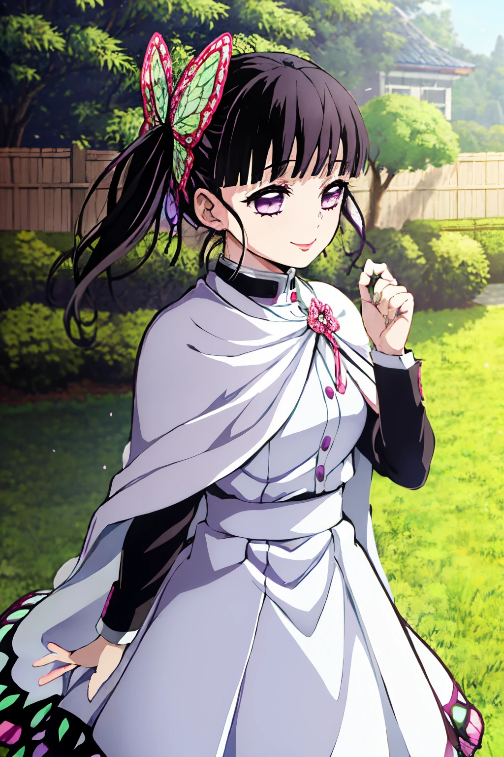 kimetsu no yaiba style, 1girl, butterfly hair ornament, hair ornament, butterfly, bug, demon slayer uniform, solo, purple eyes, side ponytail, butterfly on hand, smile, black hair, white cape, cape, outdoors, bangs, tree, fence, anime coloring,  ((masterpiece))