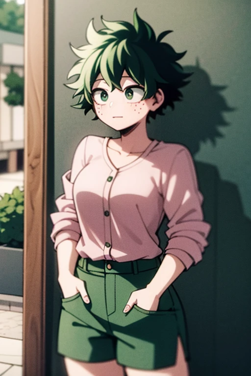 A feminine Izuku midoriya with green hair and green eyes dressed in a cute feminine pink shirt and shorts meeting in the city for a date