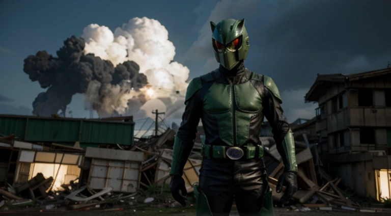 Green KAMEN RIDER of 70's era with leather suit costume. With background of ruined Japanese building and cyberpunk city above the sky. Full of cloud. A dark night full of light. With RED GODZILA at background