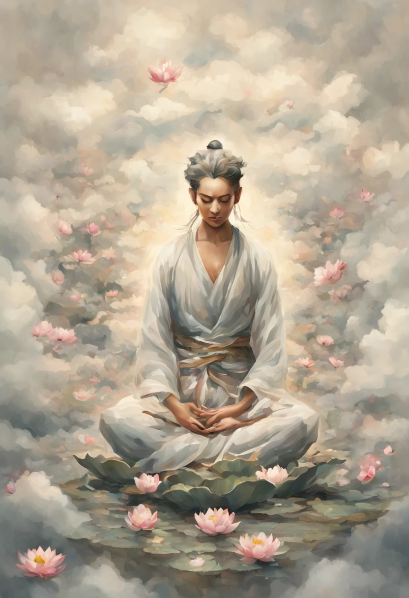 Picture a serene setting with a meditating figure surrounded by chaotic thoughts represented as clouds. Gradually, as the character practices mindfulness, the clouds disperse, and a sense of inner peace prevails. Incorporate elements like a blooming lotus to symbolize mental clarity.