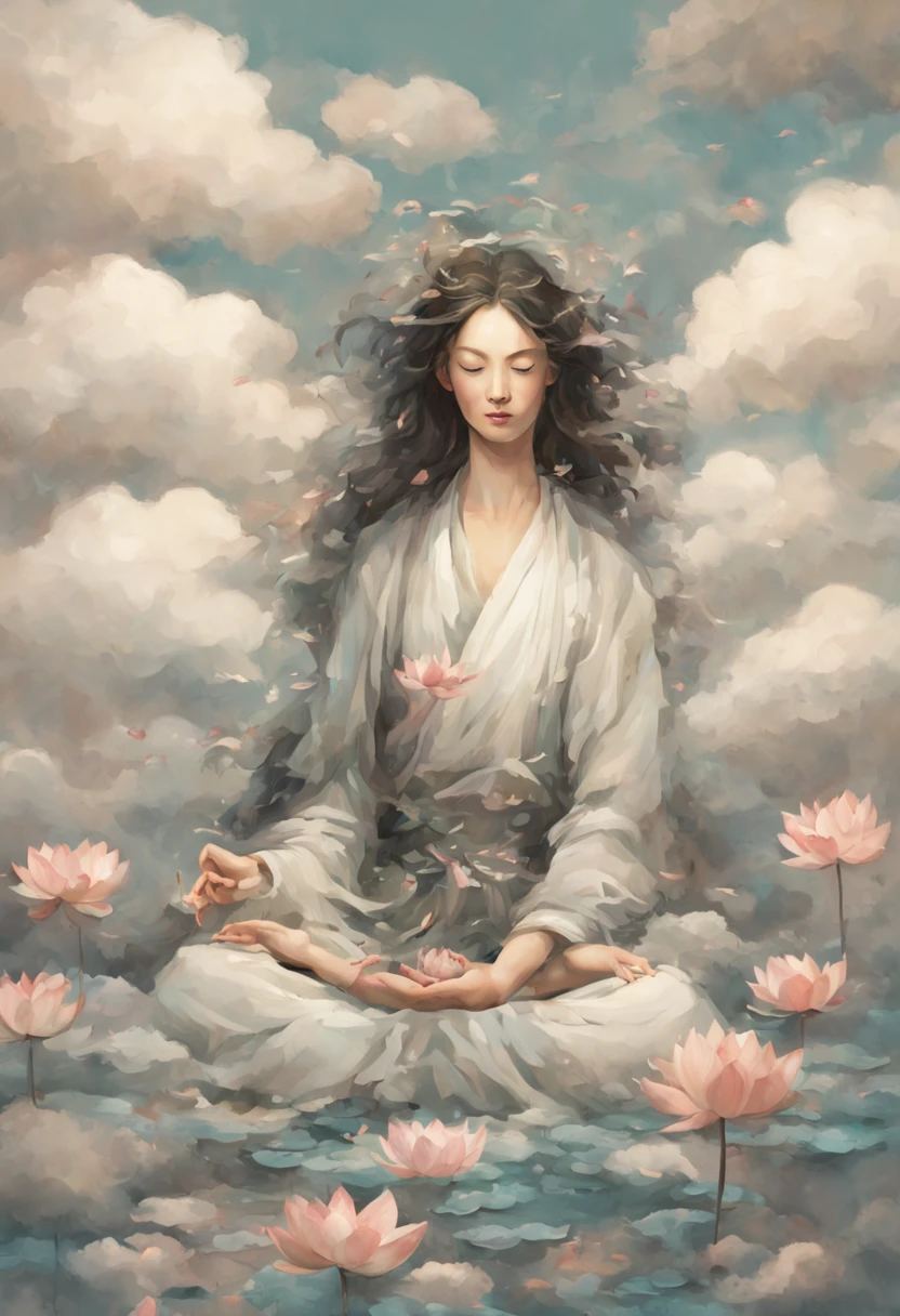 Picture a serene setting with a meditating figure surrounded by chaotic thoughts represented as clouds. Gradually, as the character practices mindfulness, the clouds disperse, and a sense of inner peace prevails. Incorporate elements like a blooming lotus to symbolize mental clarity.