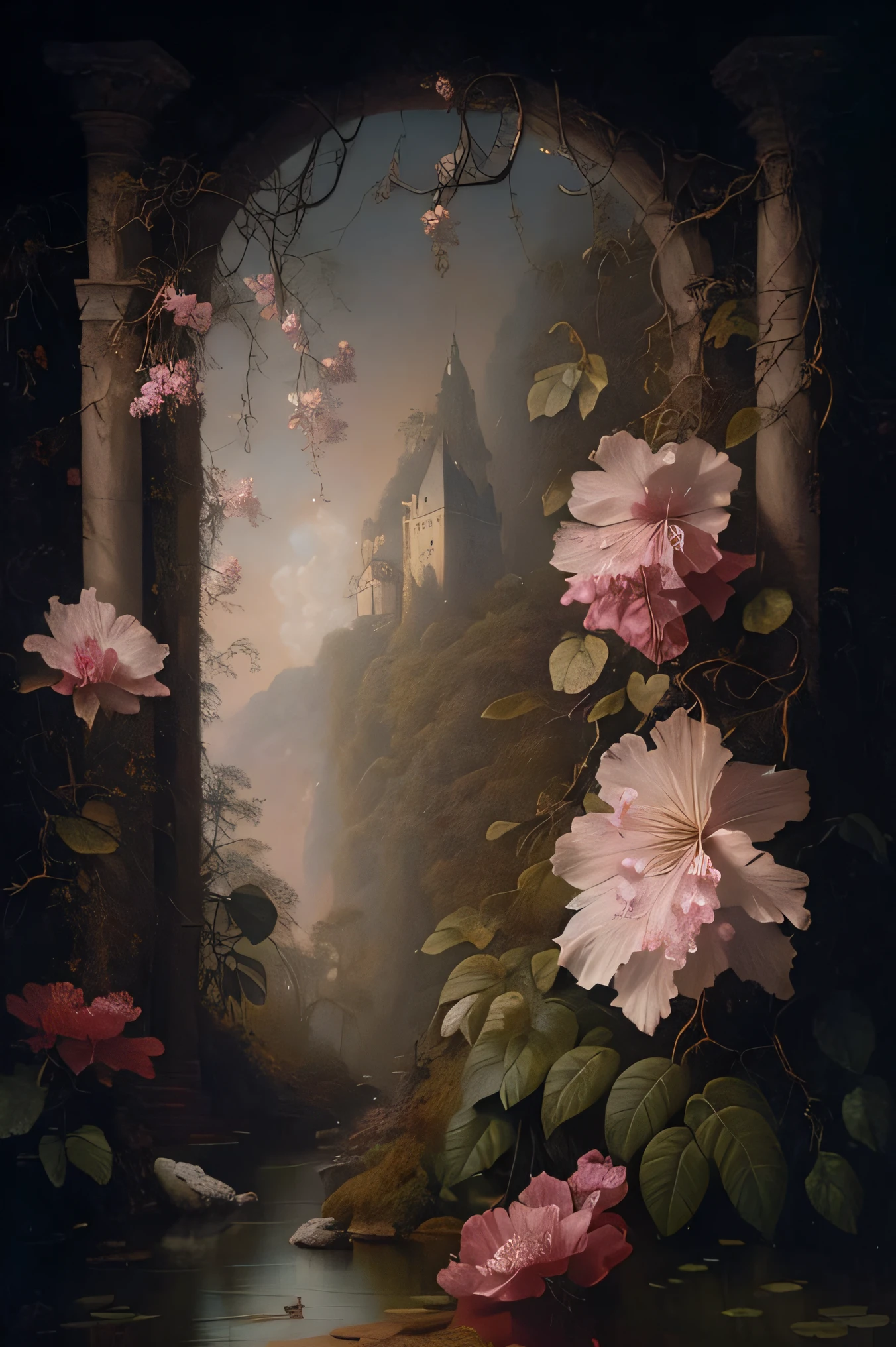 painting of a castle with flowers and a river in the foreground, inspirado por Christophe Vacher, por Christophe Vacher, De acuerdo martin johnson, Flores surrealistas de waiizi, Pintura de paisaje barroco., Pintura del romanticismo, beautiful fantasy painting, nature and floral aesthetics, De acuerdo, magic realism painting, inspirado en Martin Johnson Heade, magic realism matte painting, Pintura de cuento de hadas