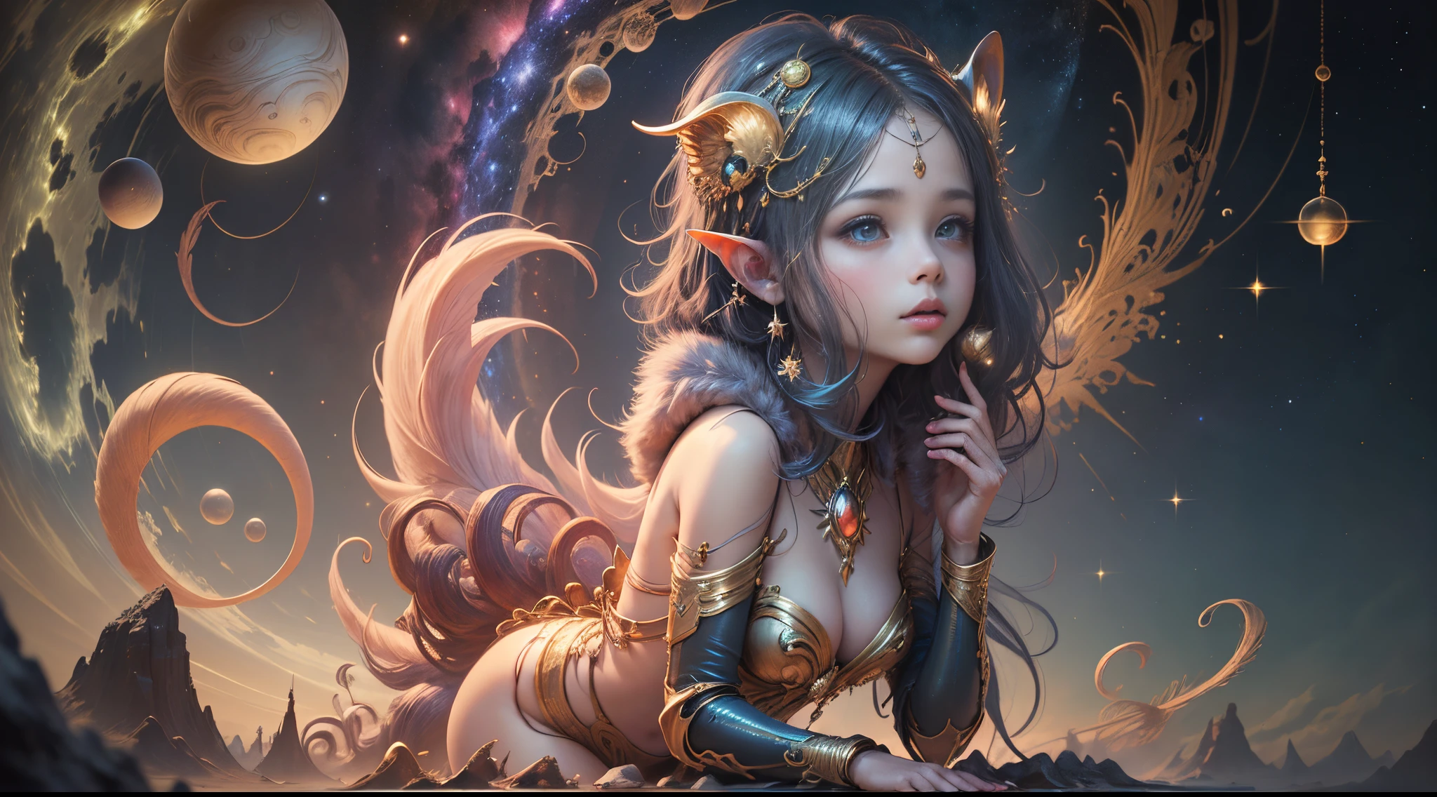 "Young Girl from the stars, (shimmering fur), celestial antennae, shell of wonder, planetary dreamscape, (cosmic enchantment), surreal artistry, vibrant and alien palette",kneeling, wide shot, f/1.8, bokeh