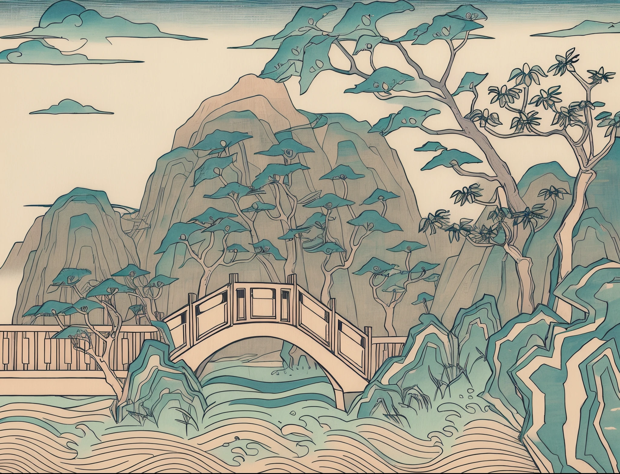 picture of a bridge，The background is a mountain，Coloring book pages, Very detailed lines, japanese woodblock print style, Chinese landscape, line art illustration, detailed line art, japanese painting，The tree，Rios，cloud