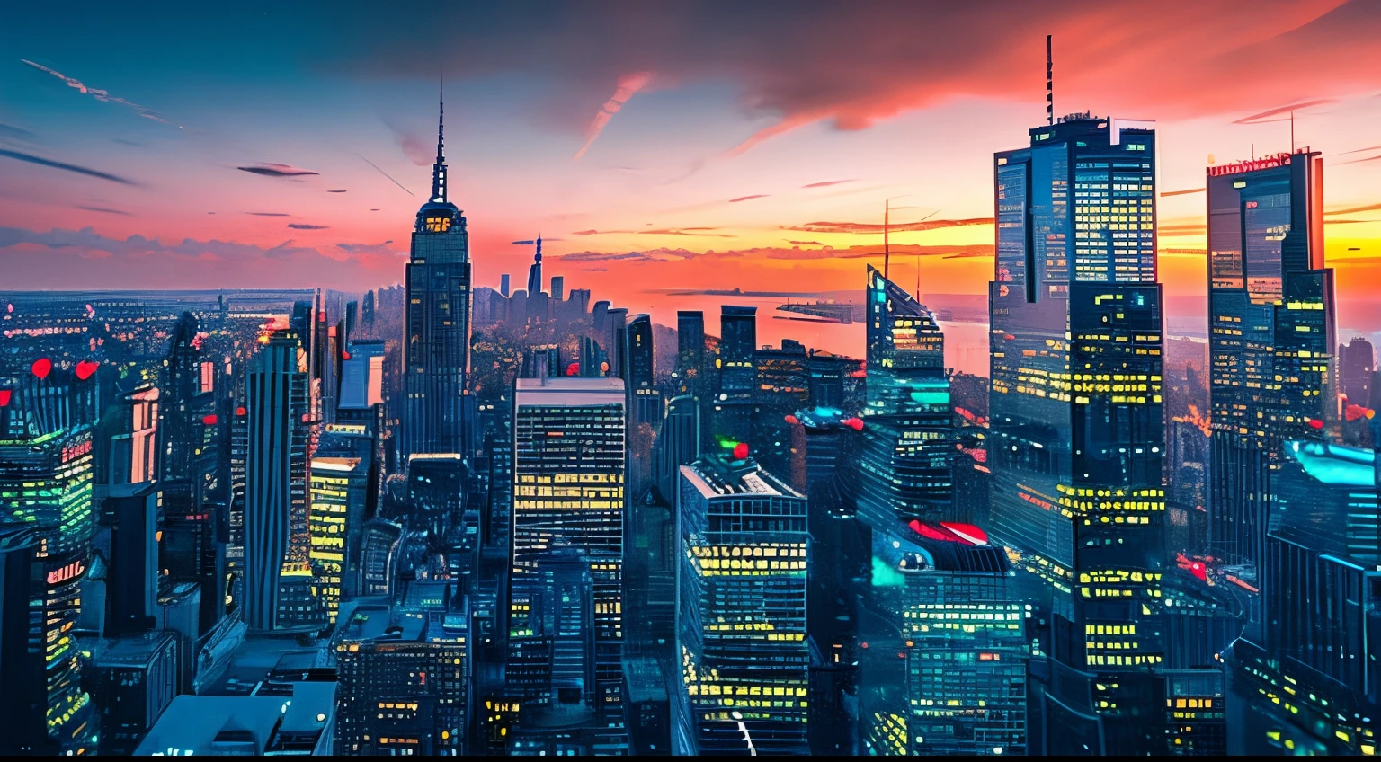 Crowded Futuristic Cyberpunk Cityscape, Beautiful Sunset Sky, 4K, Highly Detailed