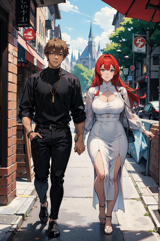 Anime, 2D, Interracial Couple, Red Head Woman, Haired Man, Tall Man, Short Woman, Gorgeous Female, Handsome Man, Black Man, Castle, Thick Female